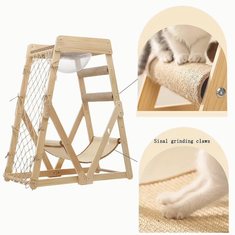 Wooden Cat Tower, Space Capsule Cat Tree with 2 Scratching Posts and Climbing Net Cat Toys, Summer Cat Bed, Indoor Cat Fort Tower Tree for Multiple Cats and Pet Stores, Wooden Cat Nest Jumping Platform Cat Scratcher Integrate