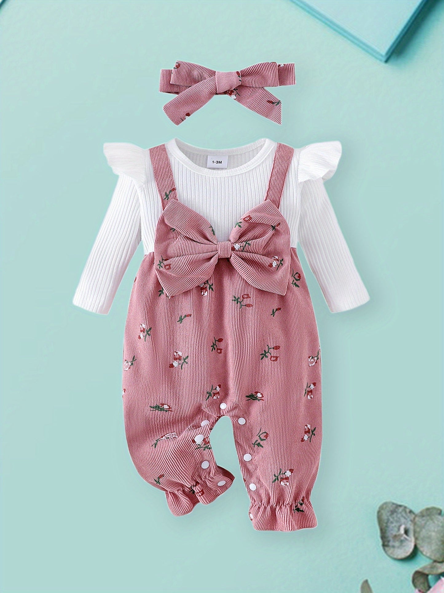 Floral Print Baby Romper Set Two Piece With Bow Headband