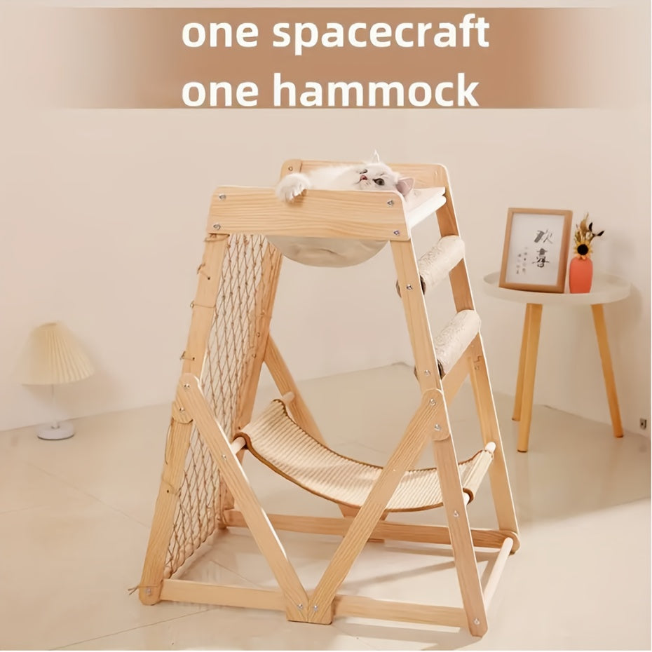 Wooden Cat Tower, Space Capsule Cat Tree with 2 Scratching Posts and Climbing Net Cat Toys, Summer Cat Bed, Indoor Cat Fort Tower Tree for Multiple Cats and Pet Stores, Wooden Cat Nest Jumping Platform Cat Scratcher Integrate