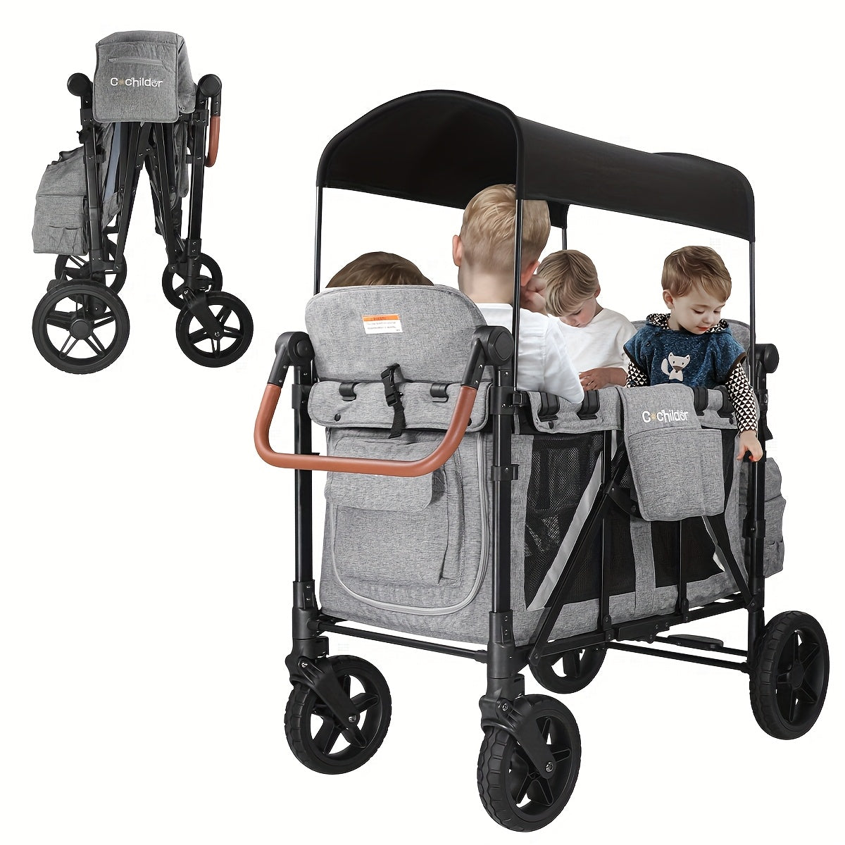 Versatile 4-in-1 Stroller Wagon with Adjustable Sun Canopy & 5-Point Harness - Perfect for Travel & Beach Outings, Suitable for Four Youngsters, Front-Facing Design, Durable Polyester Fabric, Gray/Black Color, Shock Absorptio