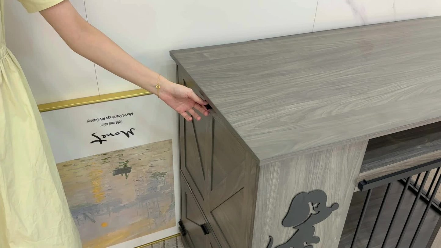 Large Dog Crate Furniture 47 Inch Wooden Kennel Indoor End Table with Drawer and Bowls