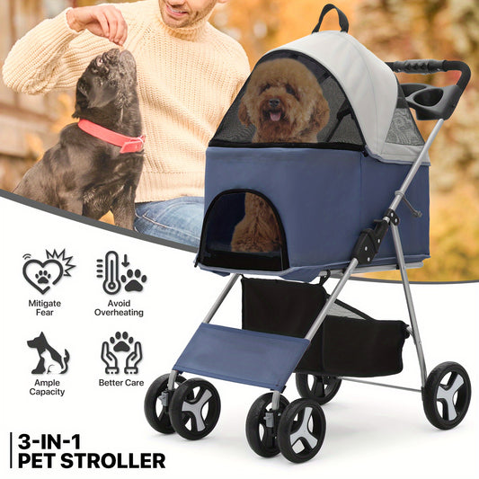 MoNiBloom 3-in-1 Foldable Pet Stroller Detachable Carrier, Car Seat and Stroller with Push Button Entry for Small Pets, Dog Stroller for Medium Dogs Load Up to 33 lbs