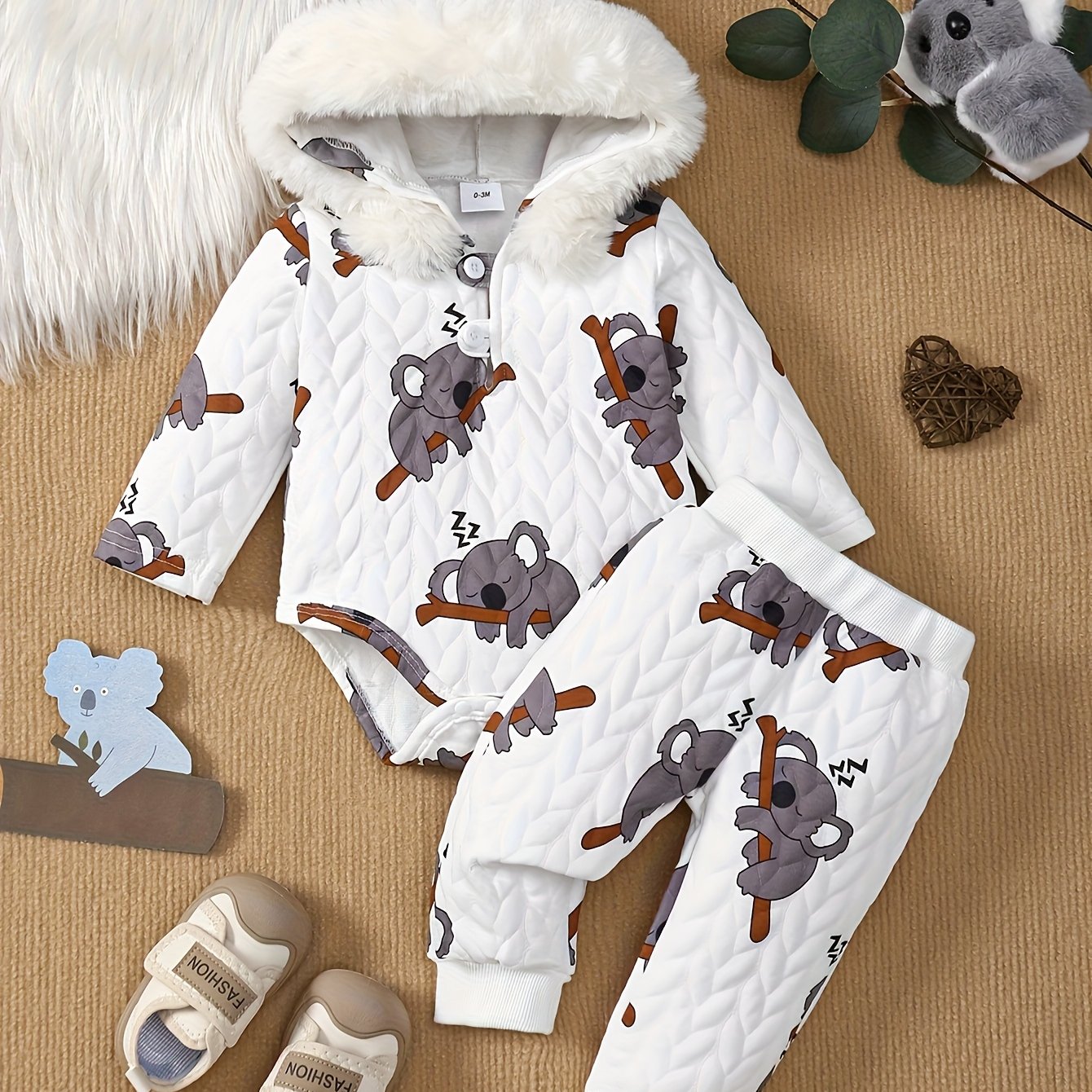 3 Piece Newborn Boy Winter Hooded Koala Print Bodysuit Set