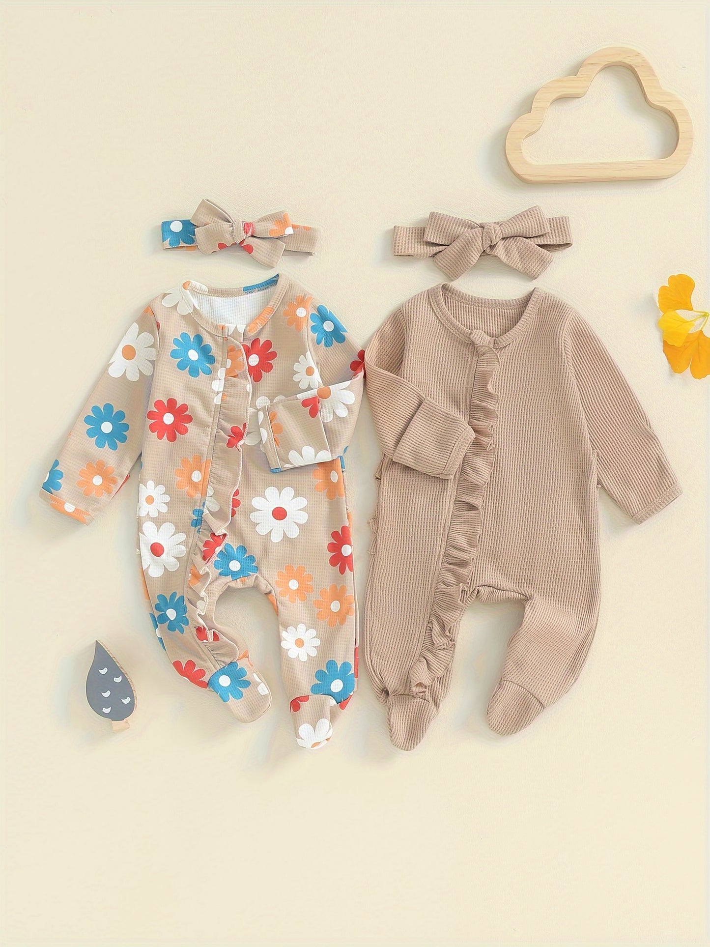 Baby Girls Long Sleeve Frills Jumpsuit Headband Footies