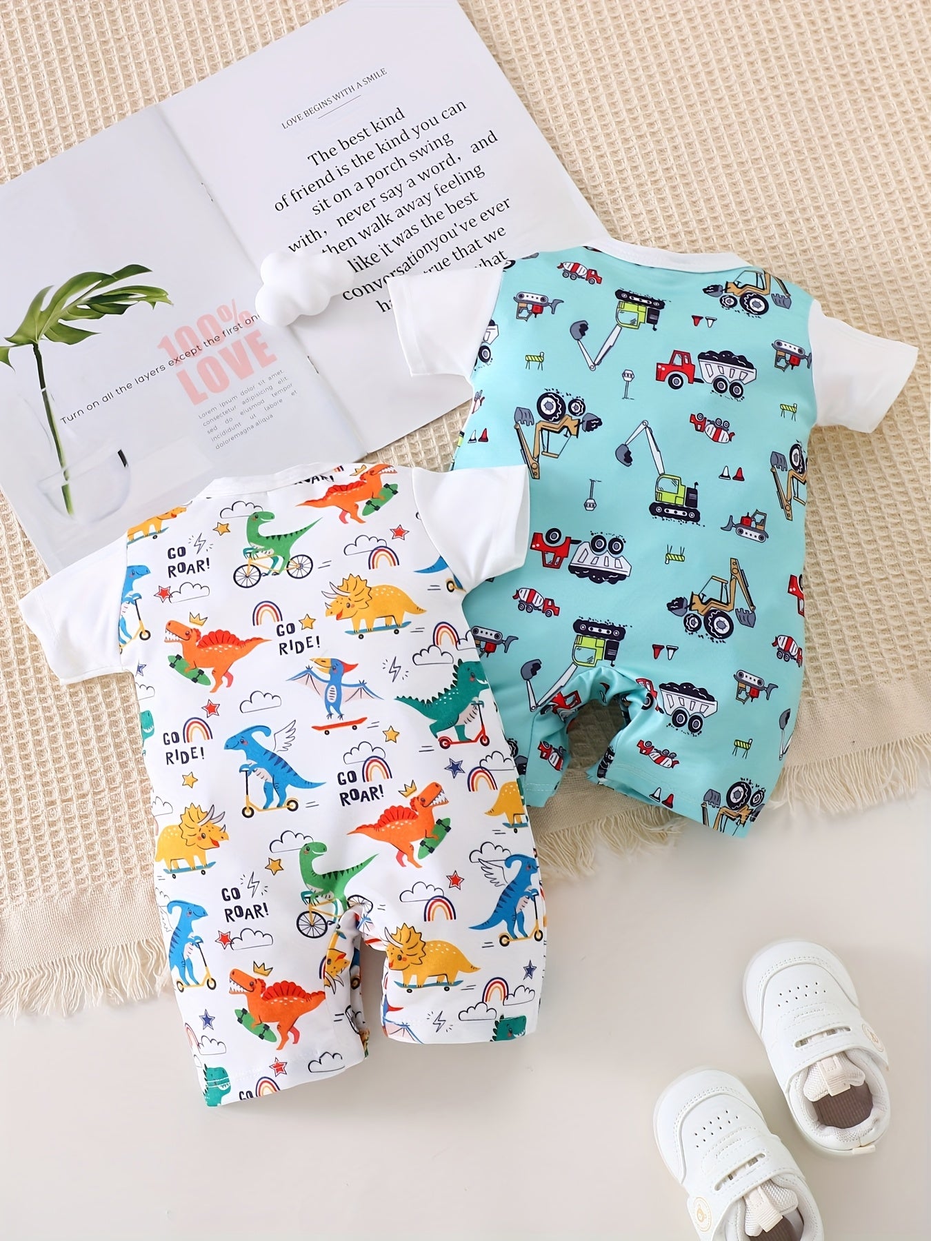 2pcs 2025 Boys' Summer Fashion Casual Short Sleeve Romper with Back Strap Pants and Faux Two-Piece Jumpsuit Dinosaur Excavator Pattern Bodysuits for Ages 0.0-29.53ft, Perfect for Outdoor
