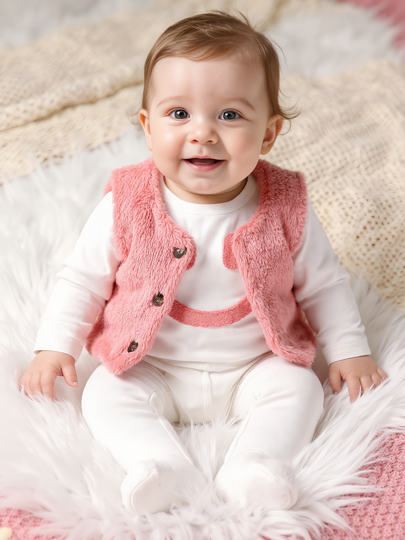 Baby Girl Three Piece Outfit With Teddy Bear Vest Jumpsuit