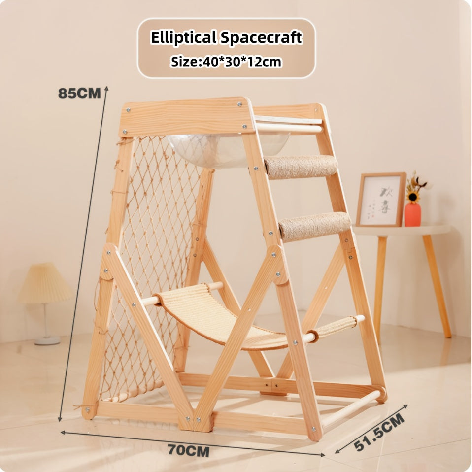 Wooden Cat Tower, Space Capsule Cat Tree with 2 Scratching Posts and Climbing Net Cat Toys, Summer Cat Bed, Indoor Cat Fort Tower Tree for Multiple Cats and Pet Stores, Wooden Cat Nest Jumping Platform Cat Scratcher Integrate