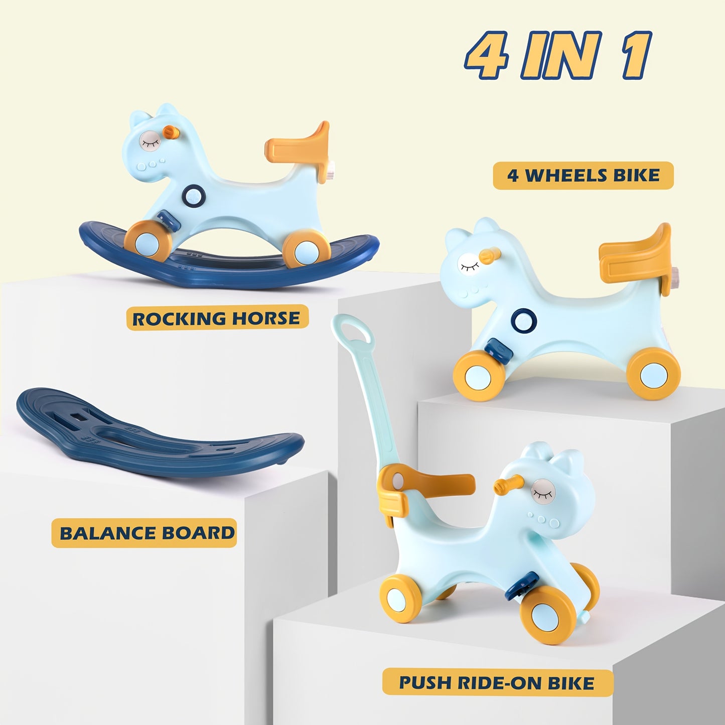Blue 4-in-1 Rocking Horse with Safety Handle Fun Ride-On Toy for Kids Aged 1 to 3