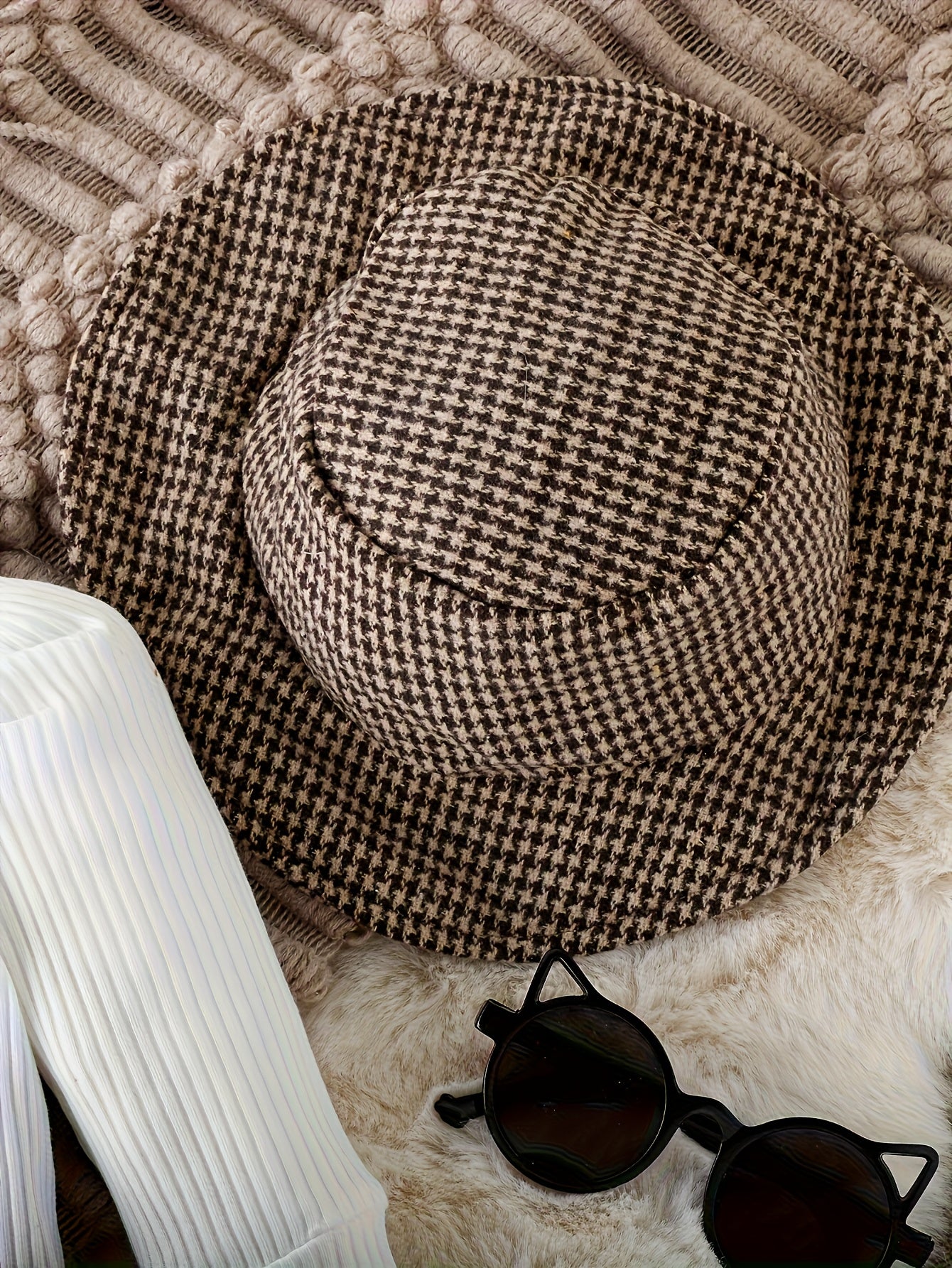 Autumn Winter Baby Girl Knit Set With Checkered Pants Hat