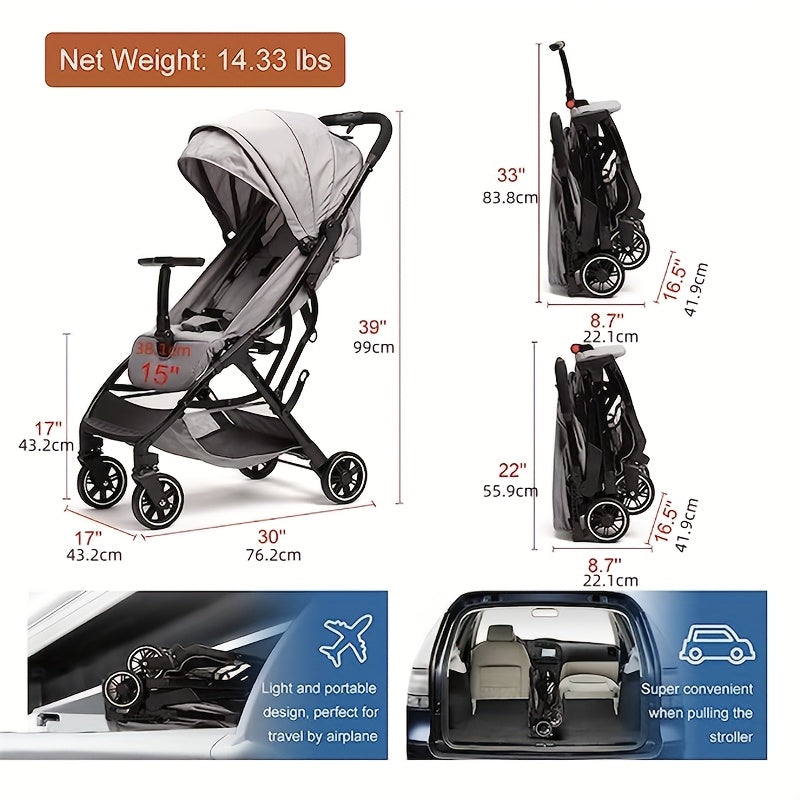 Compact Travel Stroller - Lightweight, One-Hand Folding, Adjustable Backrest & Footrest, Alloy Steel Frame, for Youngsters 6-36 Months