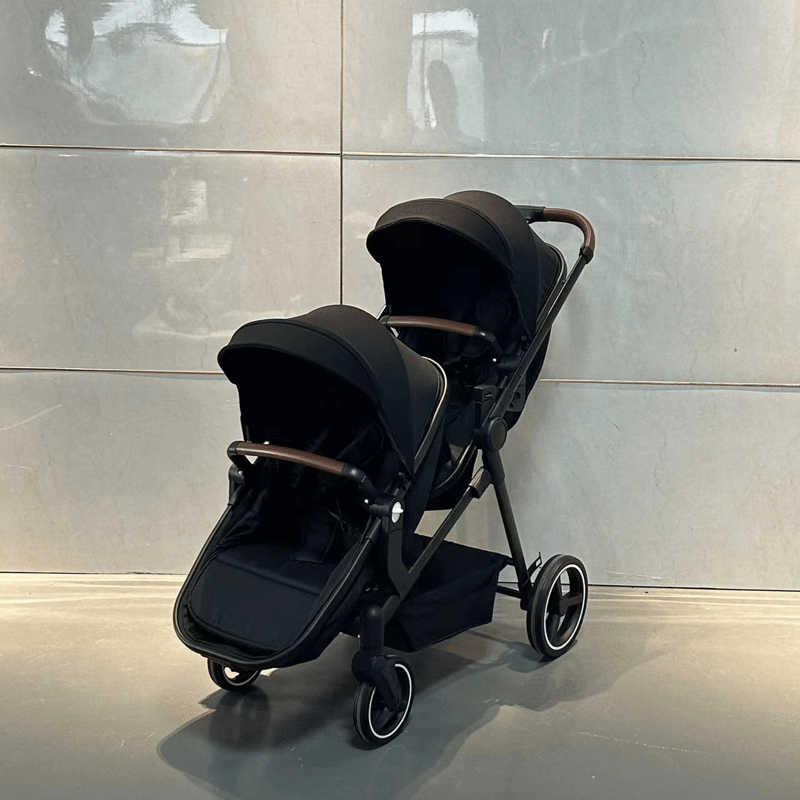 Double Stroller Track Tandem Stroller With Sunshade and Storage Basket Black
