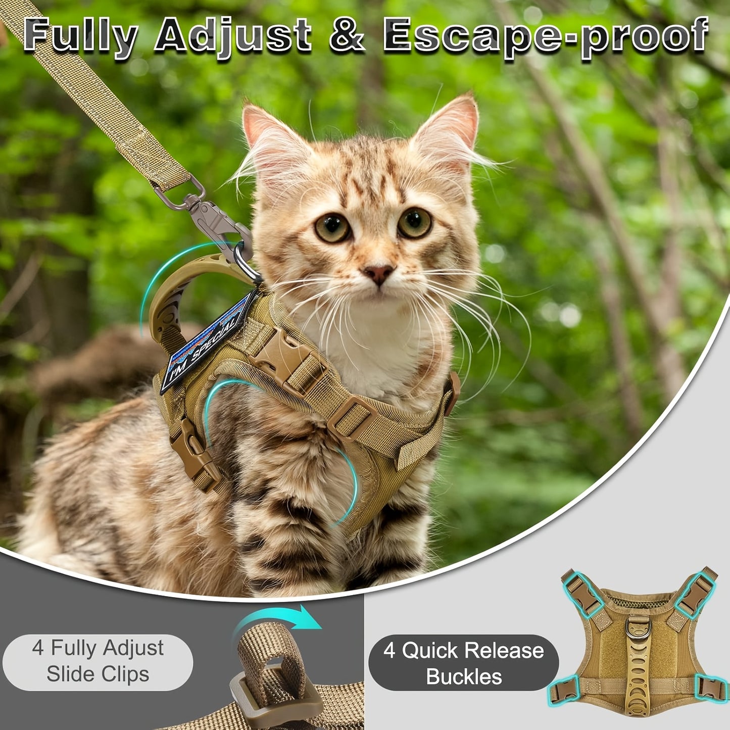 Adjustable Cat Outdoor Tactical Harness Air Mesh Escape Proof Reflective Vest for Fat Cats