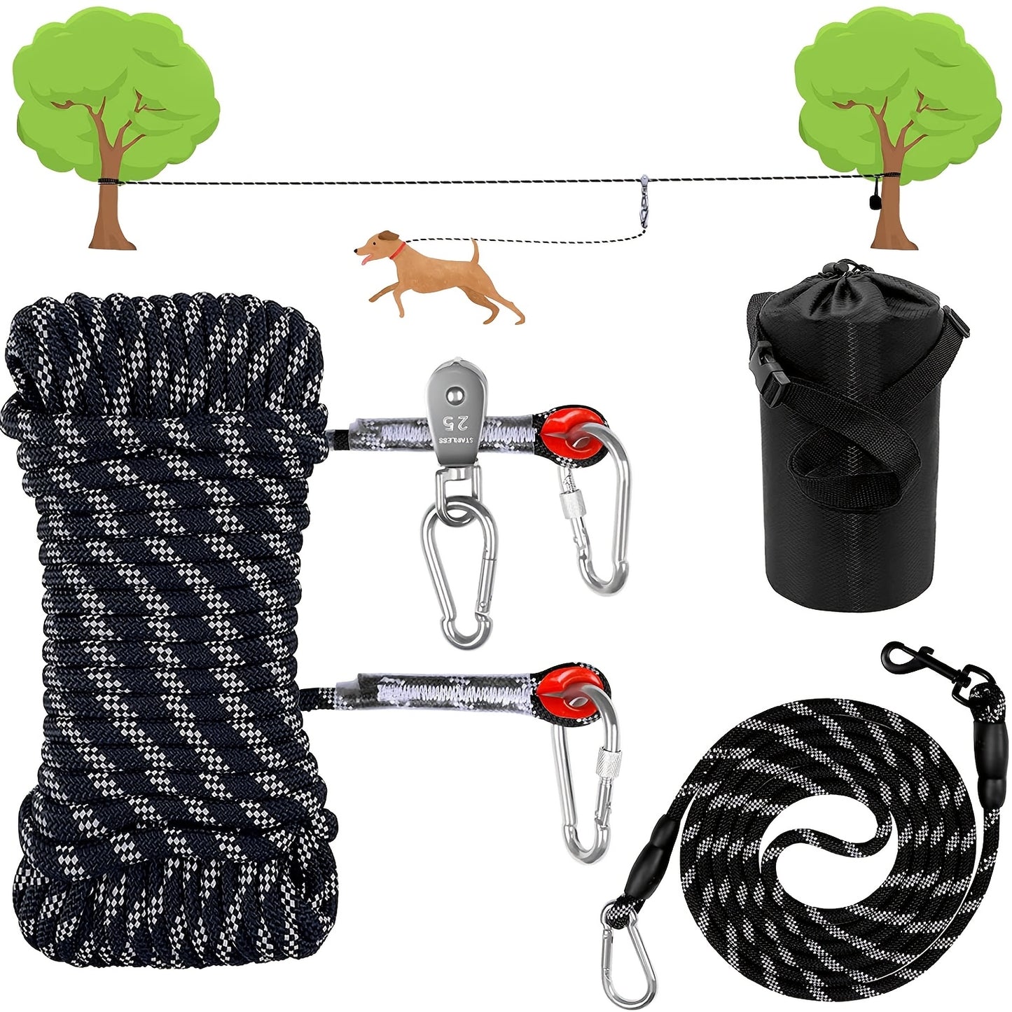 [75ft Portable Dog Tie Out] 75ft Portable Dog Tie Out Cable | Overhead Trolley System With 10ft Runner Lead For Dogs Up To 200lbs | Reflective Dog Lead For Yard, Park, Or Outdoor Adventures