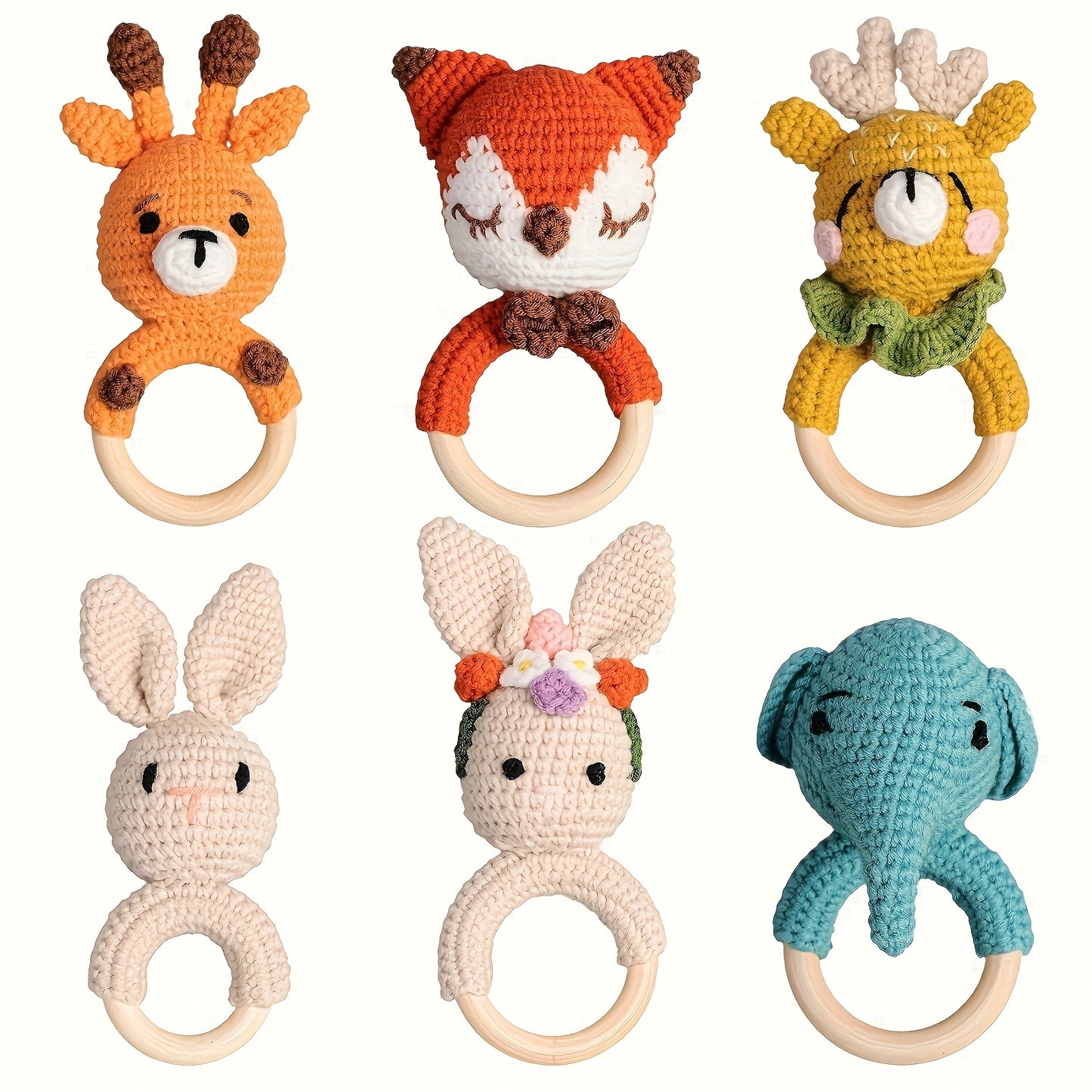A Set of 6 Rattles Featuring Animal Figurines Including an Elephant, a Moose, a Fox, a Rabbit, And a Deer. These Handcrafted Crochet Decorations Are Perfect for Festive Parties And Suitable for Babies And Children, Making The