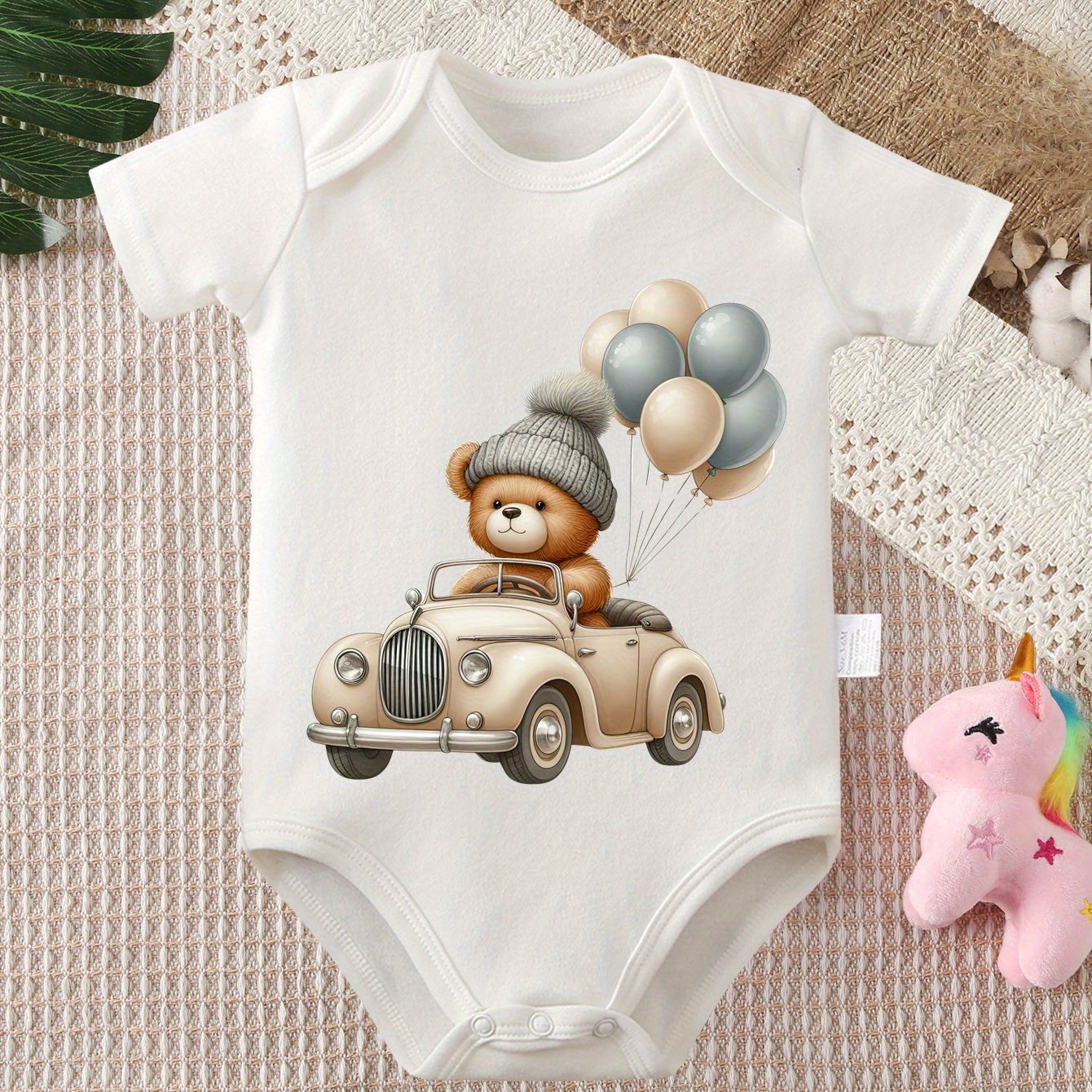 Soft Cotton Cartoon Bear and Balloons Print Short Sleeve Onesie for Infants 0-12 Months