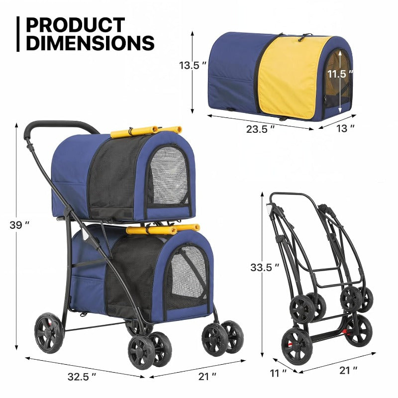Double Dog Stroller with Detachable Carrier Bags Large 4 Wheels Foldable Jogger for Small and Medium Dog Cats