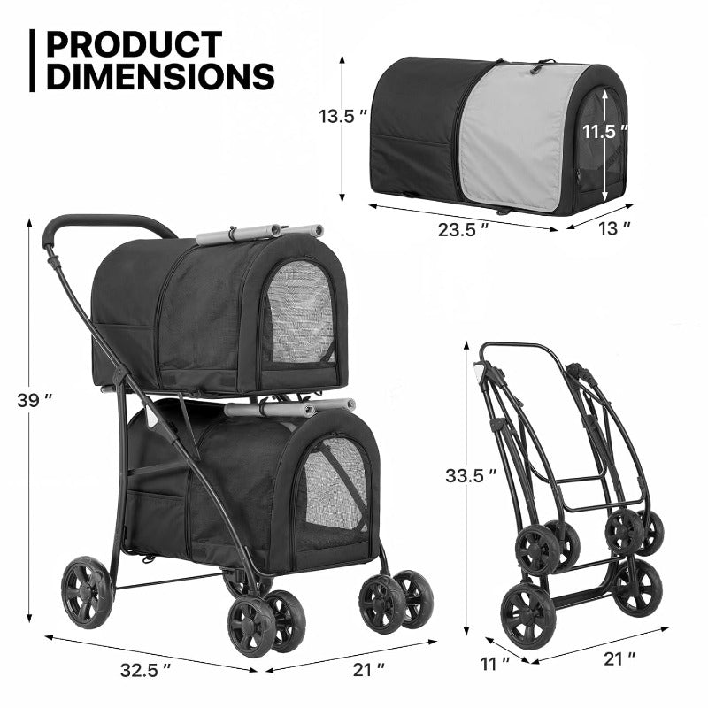 Double Dog Stroller with Detachable Carrier Bags Large 4 Wheels Foldable Jogger for Small and Medium Dog Cats