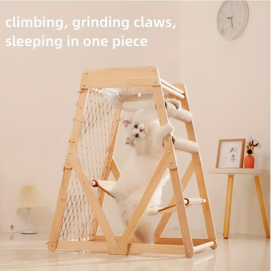 Wooden Cat Tower, Space Capsule Cat Tree with 2 Scratching Posts and Climbing Net Cat Toys, Summer Cat Bed, Indoor Cat Fort Tower Tree for Multiple Cats and Pet Stores, Wooden Cat Nest Jumping Platform Cat Scratcher Integrate