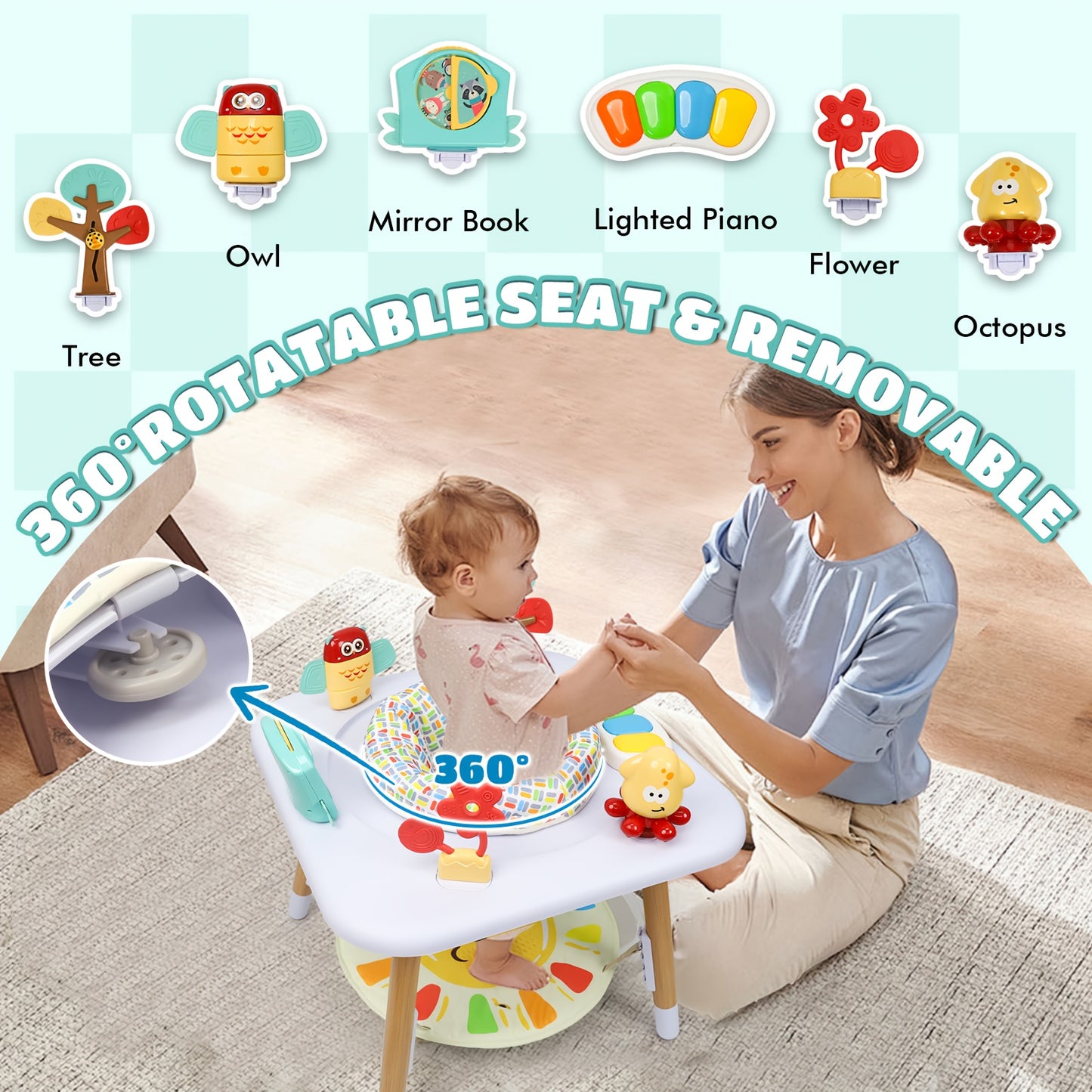 White Baby Activity Center With Five Interactive Toys Adjustable Height Levels Foldable Music Jumper Cushioned Surface