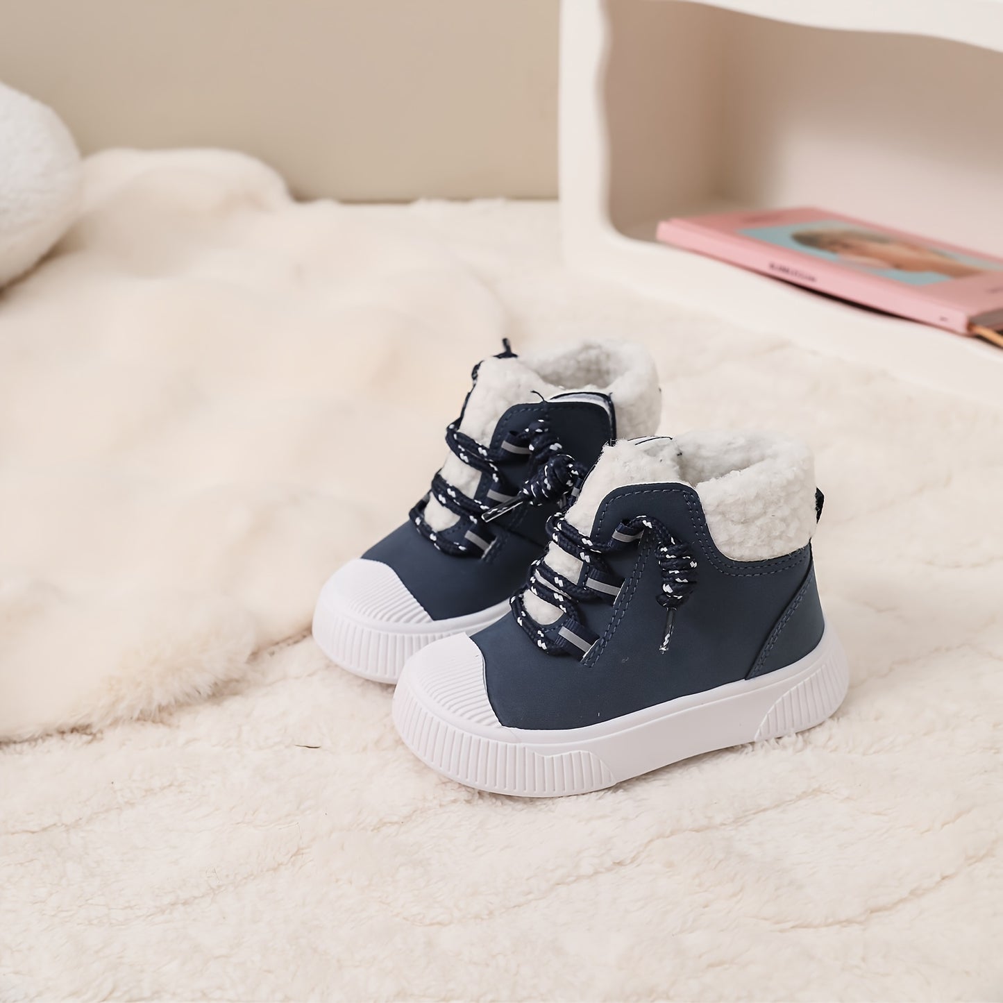 Cozy Fleece Lined High Top Sneakers for Kids with Hook and Loop Closure for Fall Winter