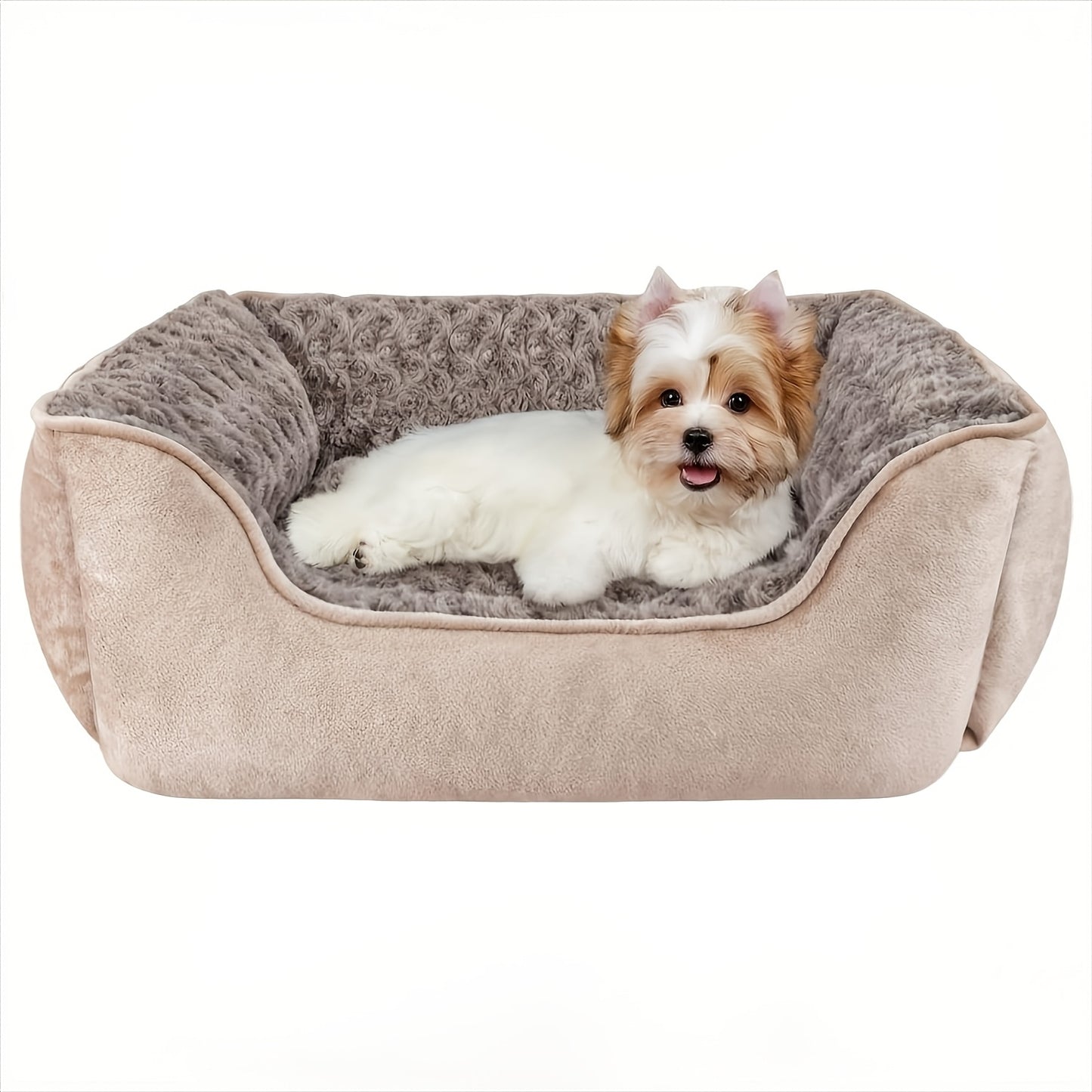 Cozy Khaki Plush Dog Bed with Non Slip Bottom Machine Washable Breathable Design