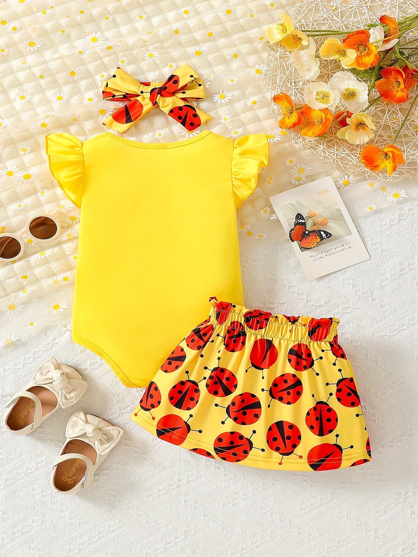 Little Lady Print Baby Girl Outfit Set With Cap Sleeve Bodysuit Hairband And Ladybug Skirt 0 To 3 Years