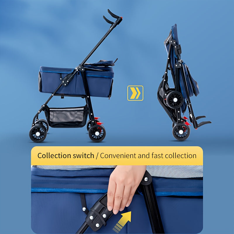1pc Durable Pet Stroller for Small to Medium Dogs & Cats - Portable, Foldable with Metal Frame & Oxford Fabric, Blue & Black with Mesh Side Pocket, Carry Bag & Removable Tray for Travel, Dog Stroller