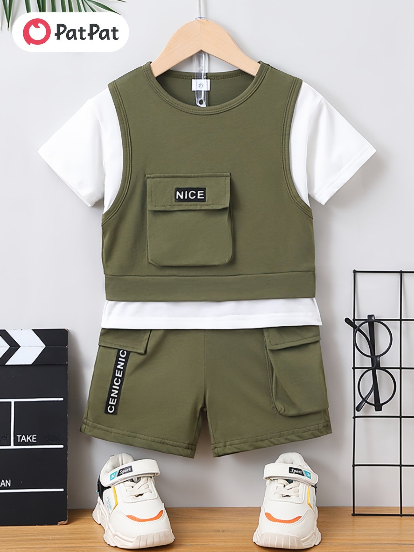 PatPat 2pcs Toddler Boy Trendy Patch Pocket Short-sleeve Cotton Top and Cargo Shorts Set, for Outdoor