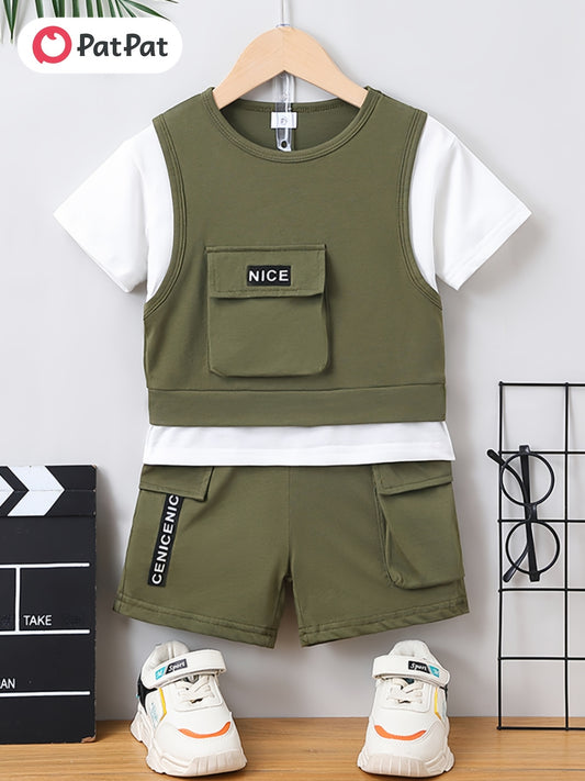 PatPat 2pcs Toddler Boy Trendy Patch Pocket Short-sleeve Cotton Top and Cargo Shorts Set, for Outdoor