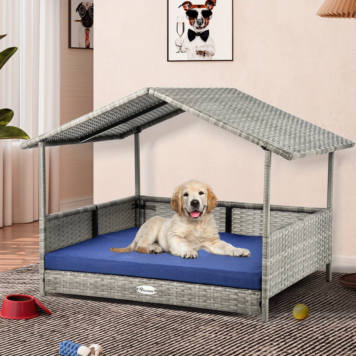 Large Wicker Dog House with Cushion Elevated Rattan Canopy for Indoor and Outdoor Use