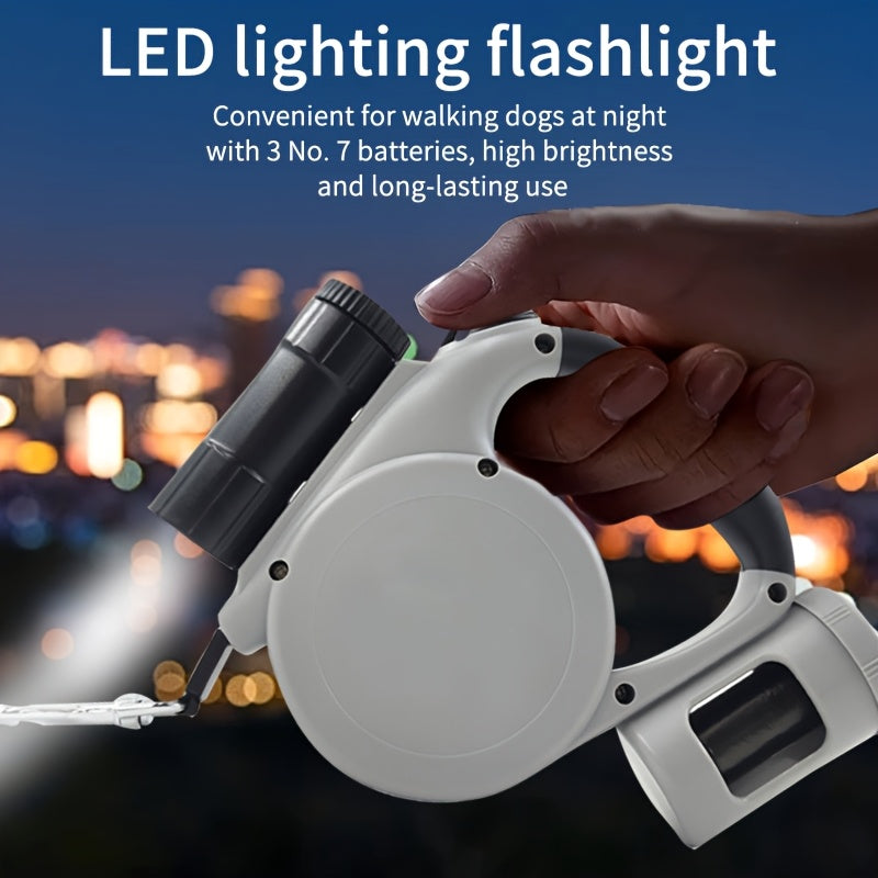 Multifunctional Retractable Dog Leash 5m/16ft | Hands-Free Extendable Pet Lead with Built-in Storage Box & 3 Waste Bag Rolls | Portable Poop Bag Dispenser, Tangle-Free Design for Walking/Hiking