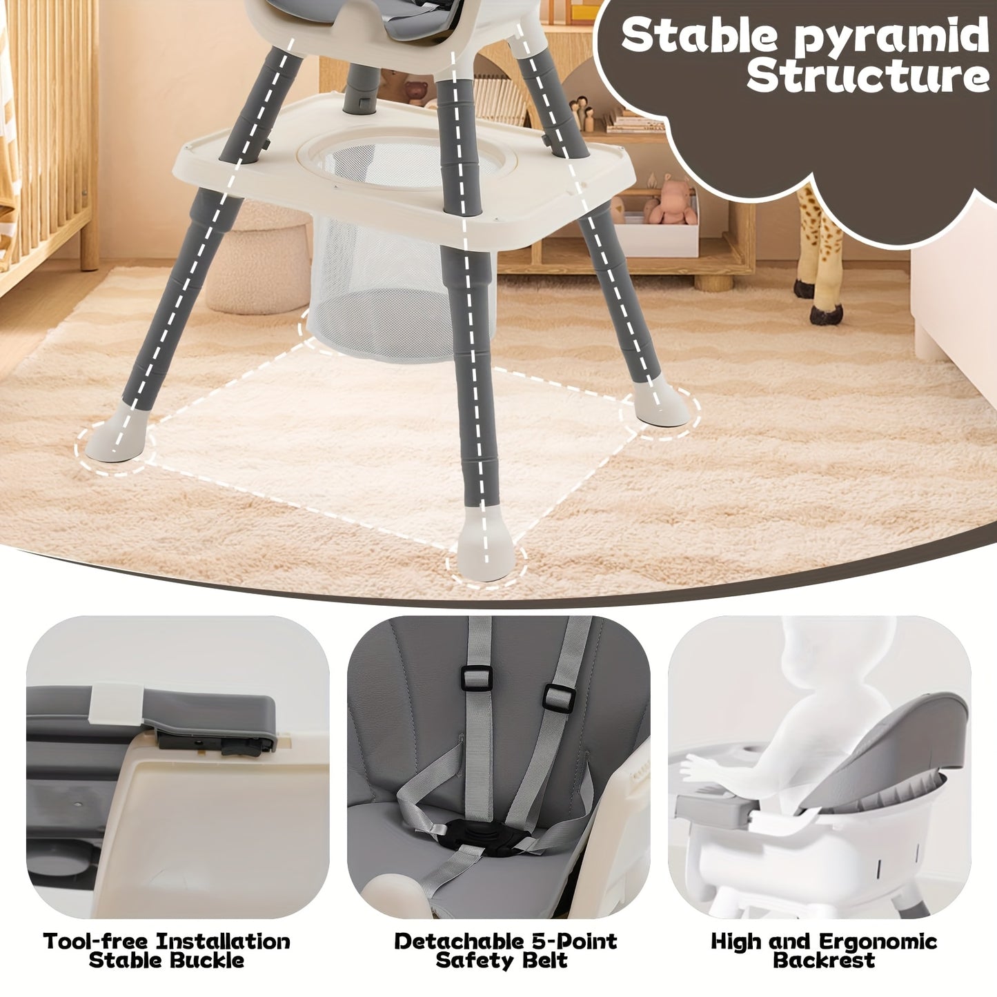 Adjustable 7-in-1 High Chair with Table Wheels Foldable Reclining for Kids Grey