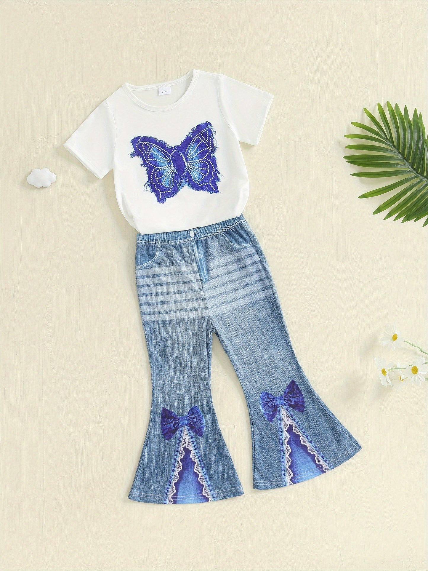 Little Toddler Girl Summer Outfit Butterfly Pattern Crew Neck Short Sleeve T-Shirt and Denim Bell Bottoms 2pcs Set, Perfect for Outdoor