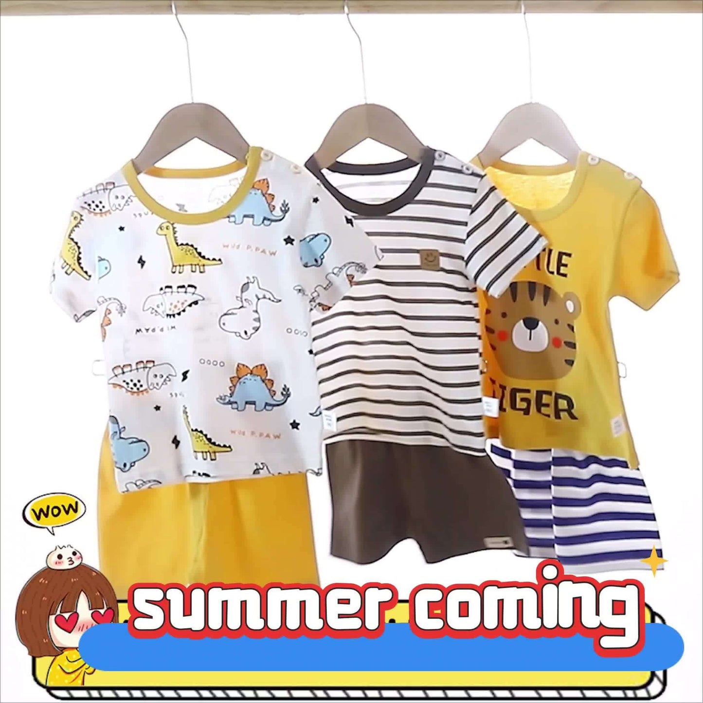 [Summer Baby Suit] Eight-piece Set New Summer Baby Short Sleeve Suit | Four Sets, Pure Cotton Material, Dinosaur Car Print, Comfortable And Breathable, Best Gift For Children