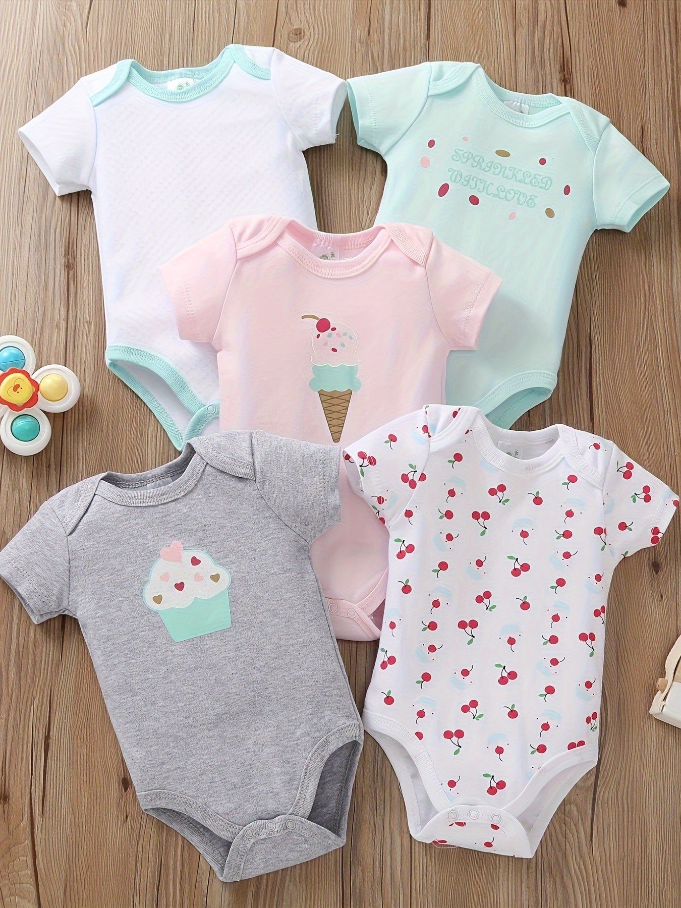 [5pcs Unicorn Romper] 5pcs Adorable Cotton Baby Girl Romper Set - Short Sleeve, Machine Washable, Perfect for All Seasons, Outdoor
