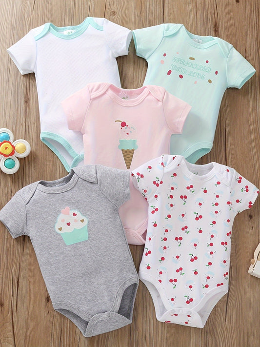 [5pcs Unicorn Romper] 5pcs Adorable Cotton Baby Girl Romper Set - Short Sleeve, Machine Washable, Perfect for All Seasons, Outdoor
