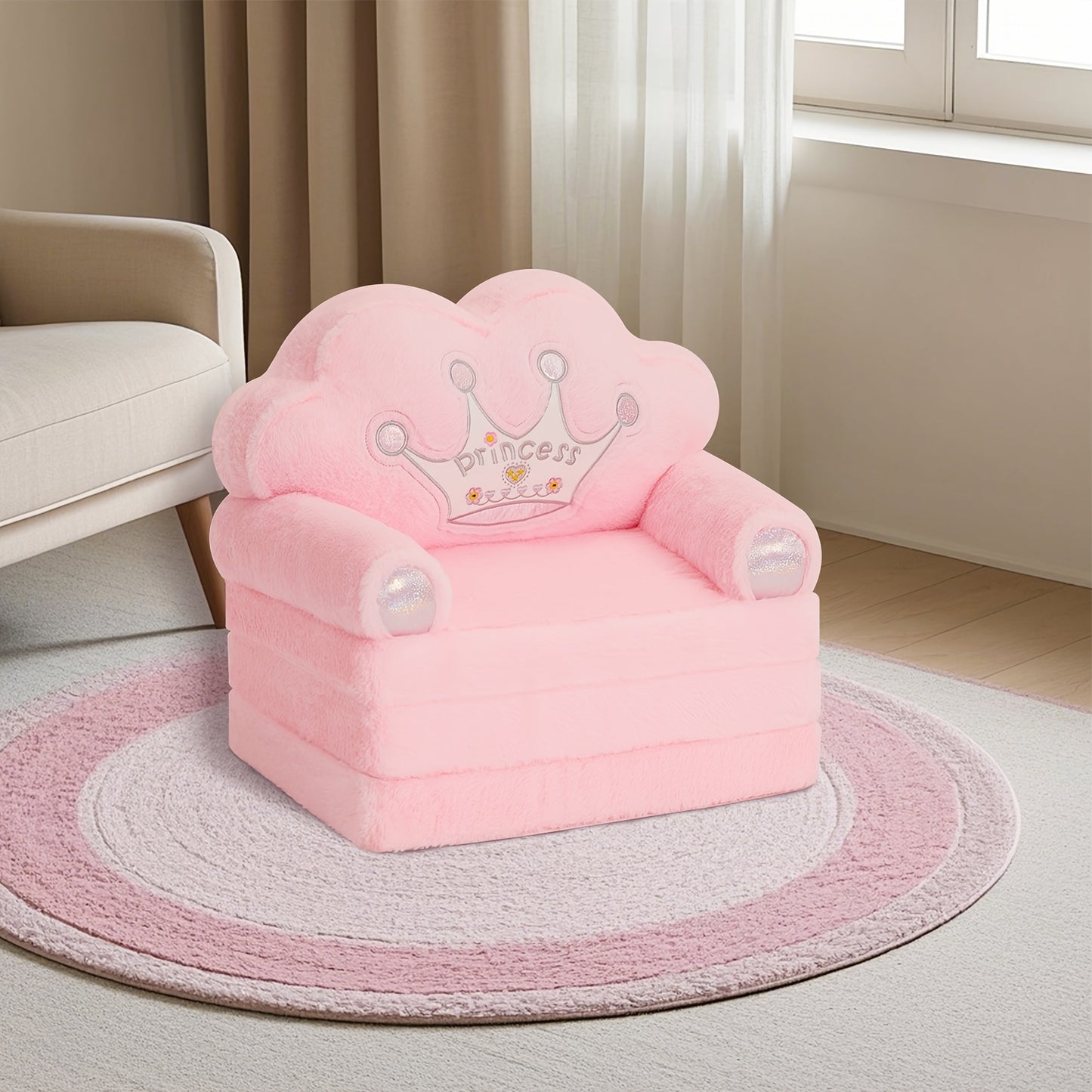 Princess Chair With Golden Crown Foldable Pink Toddler Sofa Memory Foam 15x20 Inches