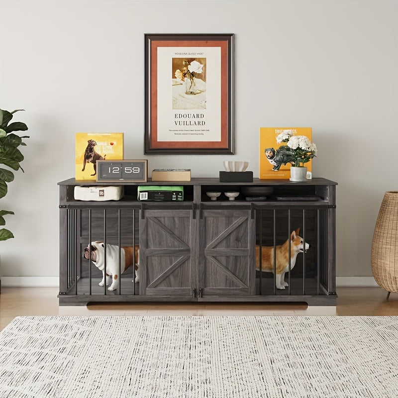 Wooden Dog Crate Kennel End Table with Sliding Barn Door and Convenient Drawer