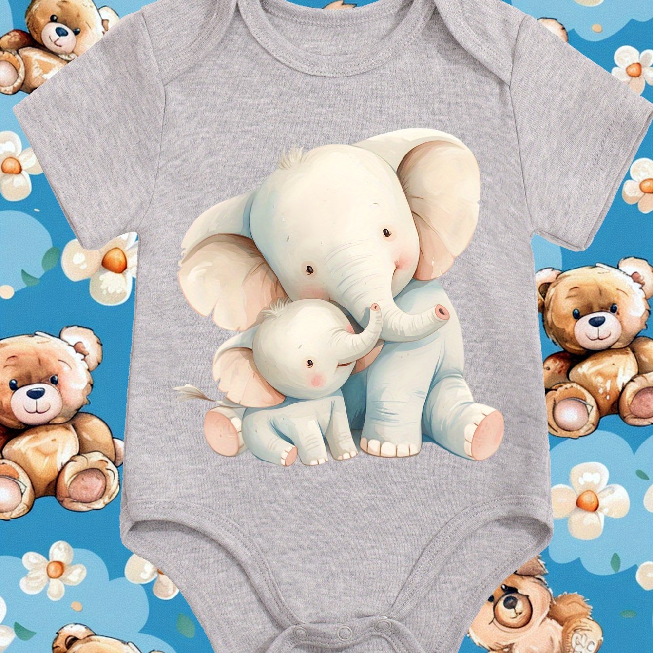Adorable Baby Elephant Print Onesie Soft Cotton Bodysuit for Newborns 0-12 Months