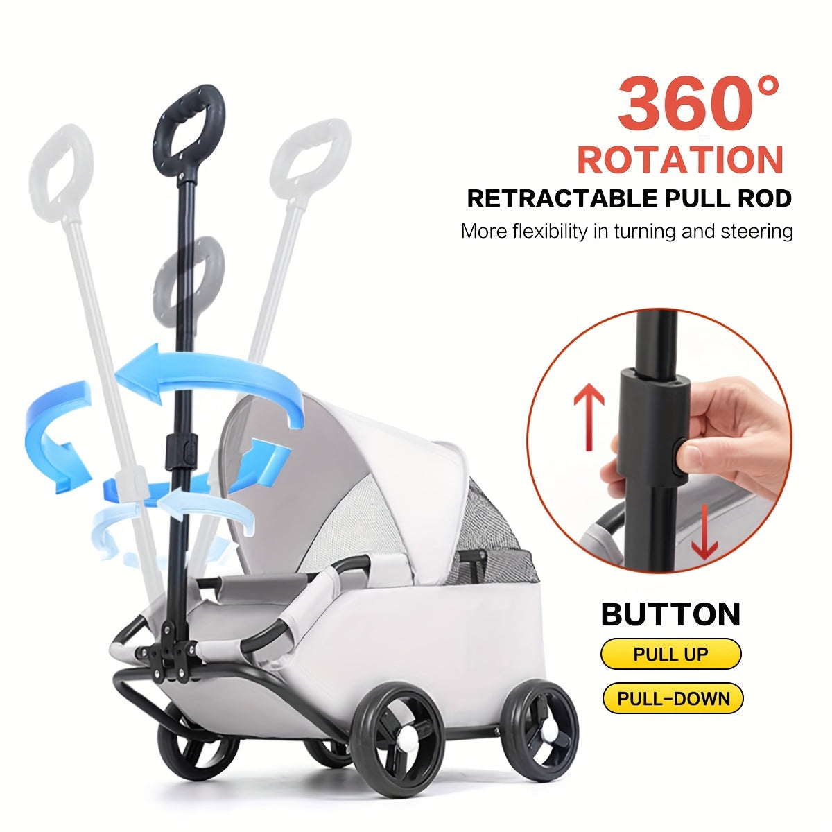 Heavy-Duty 4-Wheel Pet Stroller for Large Dogs, Small Pets, Cats - All-Season Foldable Carrier with Travel Water Bottle Holder, Removable Sunshade Canopy, Large Wheels for Rough Terrain - Durable Metal Frame & Oxford Fabric -