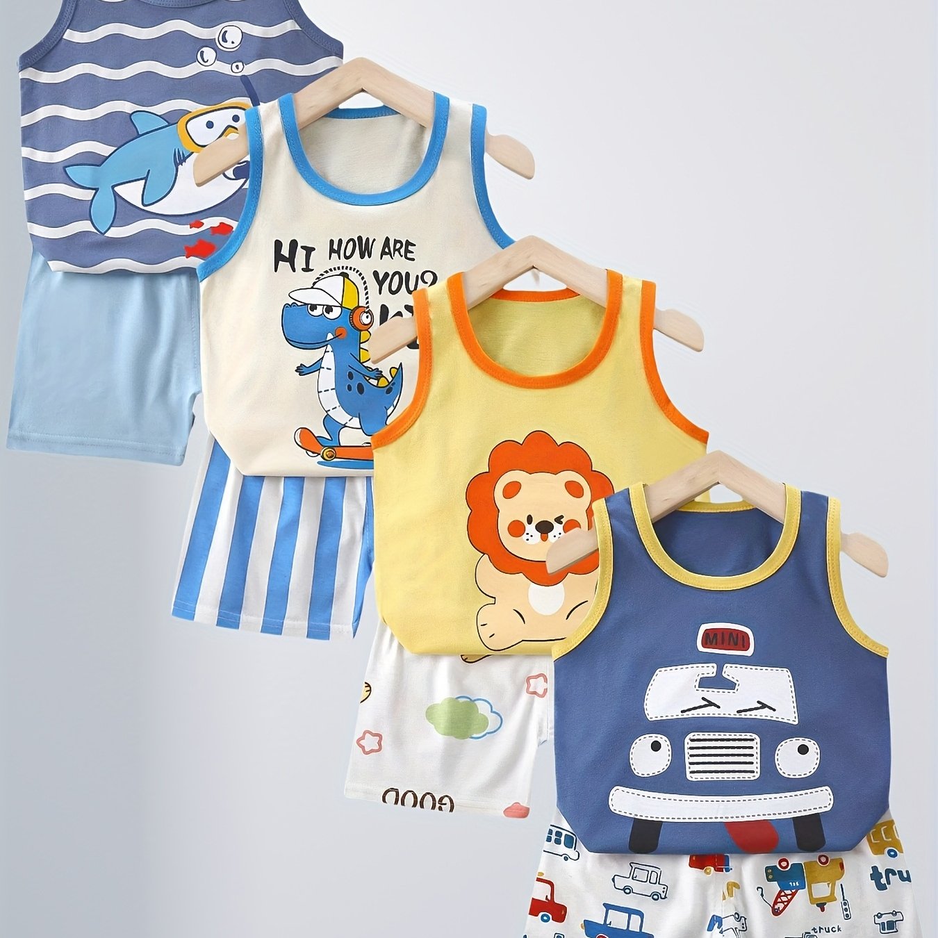 DinoFun Cartoon Dinosaur Sleeveless Shorts Set – Soft and Breathable Comfort for Boys