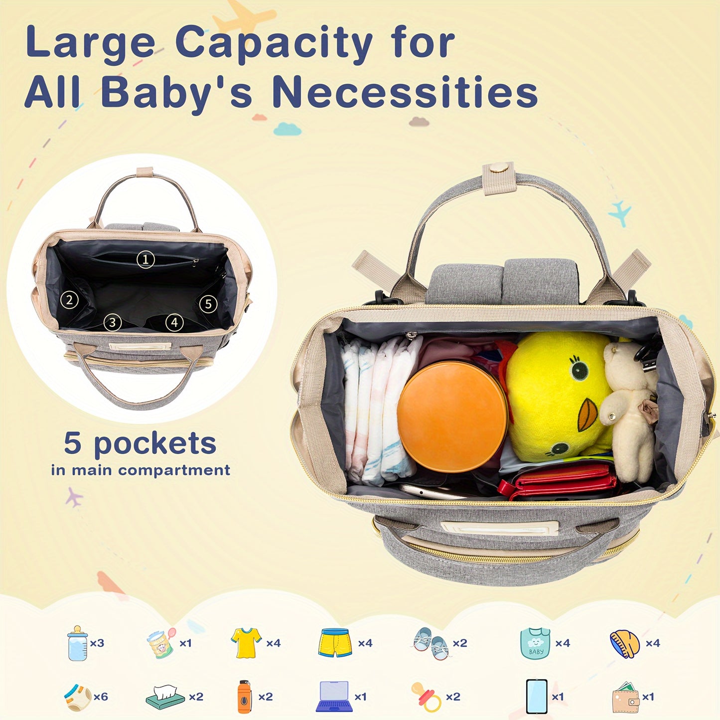 Large Capacity Diaper Backpack with Insulated Pocket Vintage Gray Nylon Travel Bag