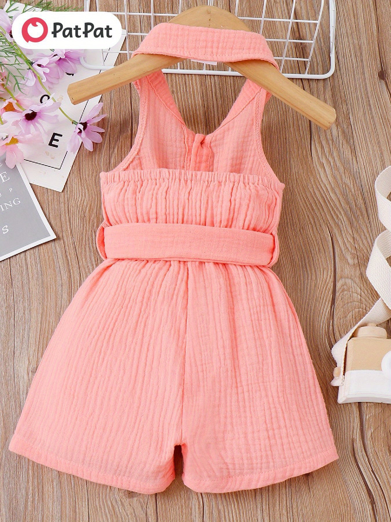 PatPat Baby Girl Front Buttons Belted Lapel Neck Strappy Ribbed Summer Backless Jumpsuits, for Outdoor
