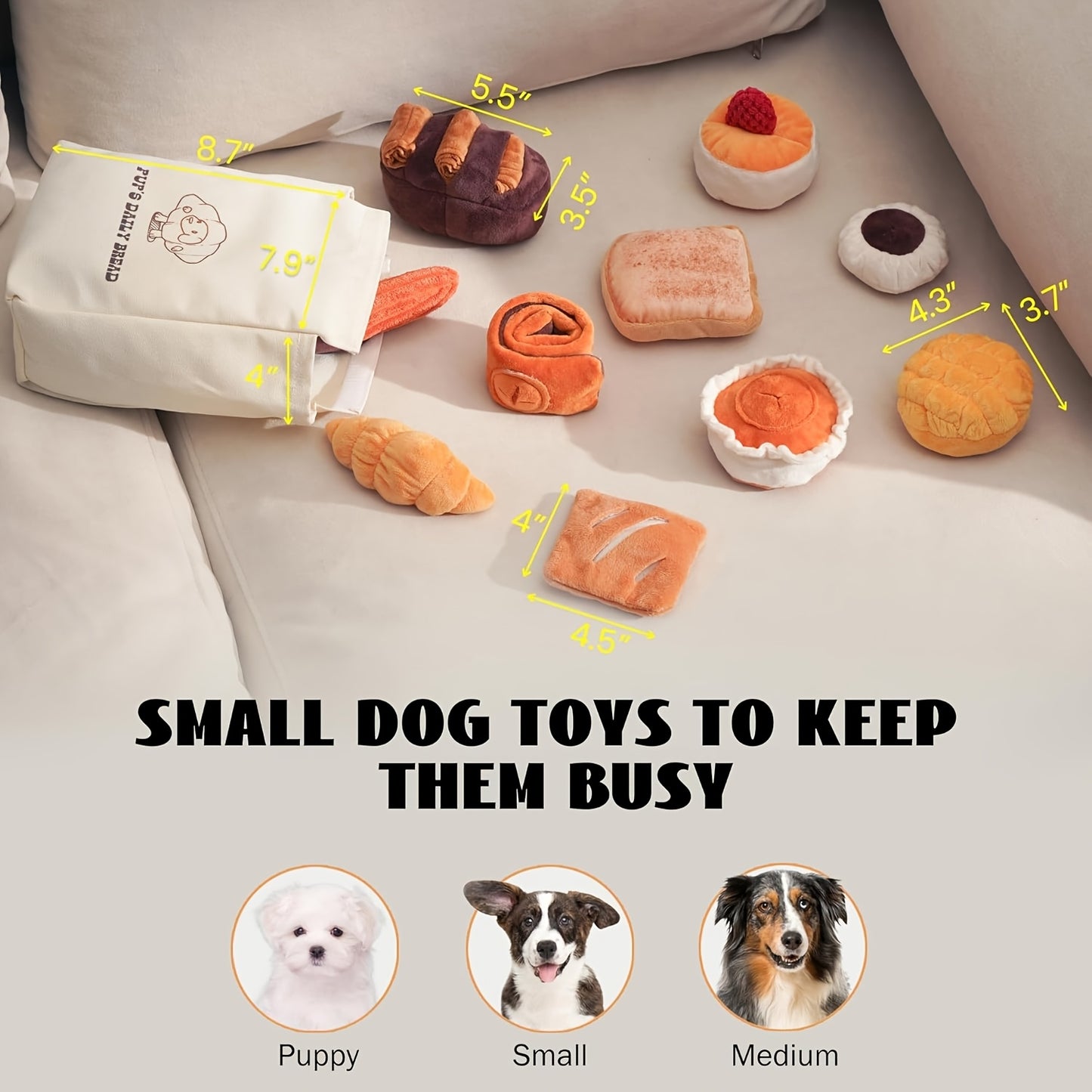 10 Pack Nocciola Bread Dog Toys with Storage Bag Plush Squeaky Chew Toys for Dogs