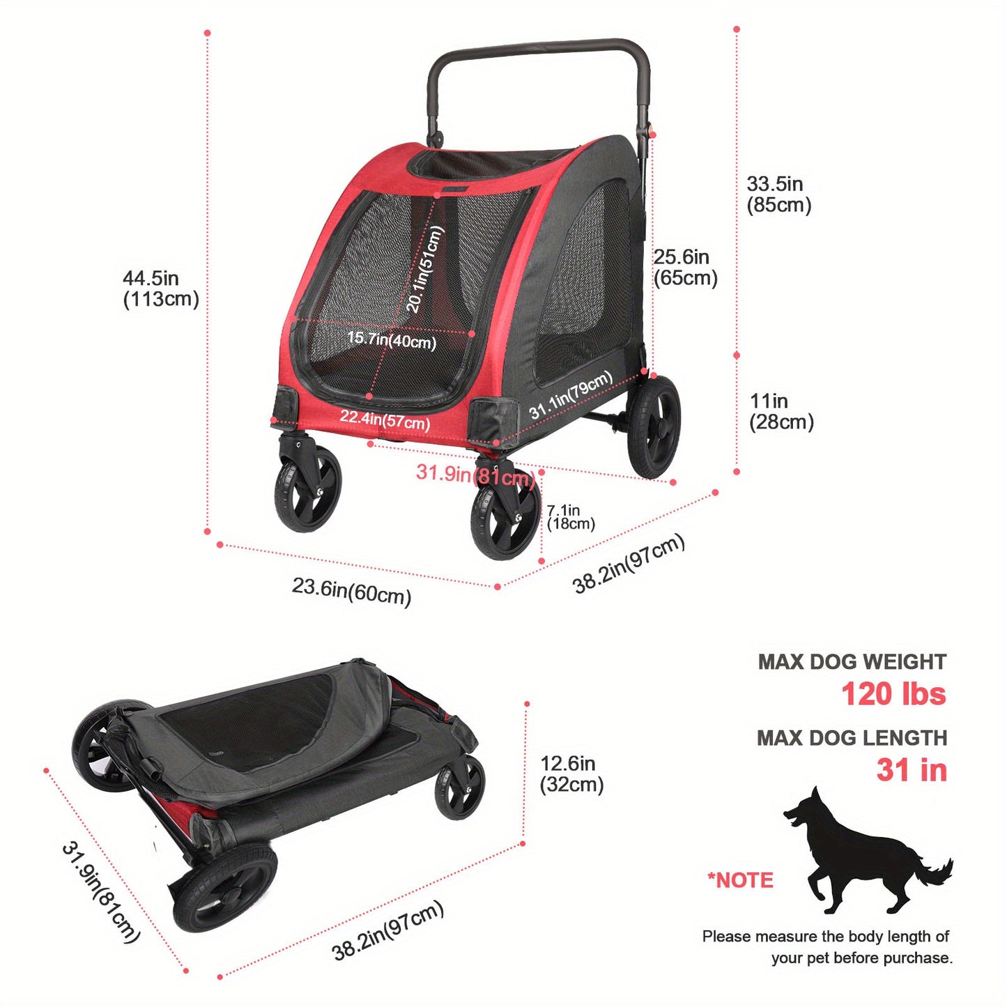 Spacious Pet StrollerRoomy For Pets Up To 120lbs (54kg). 3-sided Mesh For Airflow & Security. 360° Silent Wheels & 3-angle Adjustable Handle For Easy Maneuvering. One-step Fold For Compact Storage.