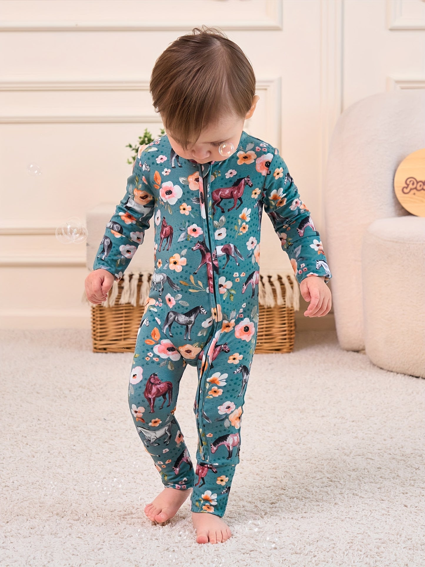 Ship From US, POSHTOT Mustang Print Bamboo Fiber Breathable Bamboo Fiber Baby Long Sleeve Pants Tights. Comfortable Fit, Cute, Baby Two-way Zip-up Onesie with Folding Feet And Mittens for Ages 0-2. Casual Outdoor Jumpsuit for