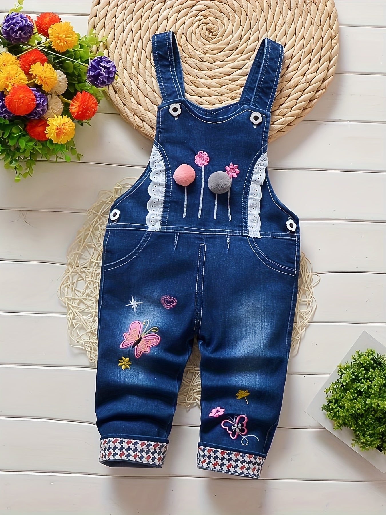 Girls' Jeans-like Overalls - Non-Stretch Denim-Style Toddler pants, Cute Butterfly & Floral decorations, Easy Hand Wash Care for Everyday & Special Occasions (0-4 Years) - Baby Girl Clothing, Toddler Girl Pants, Playful Toddl