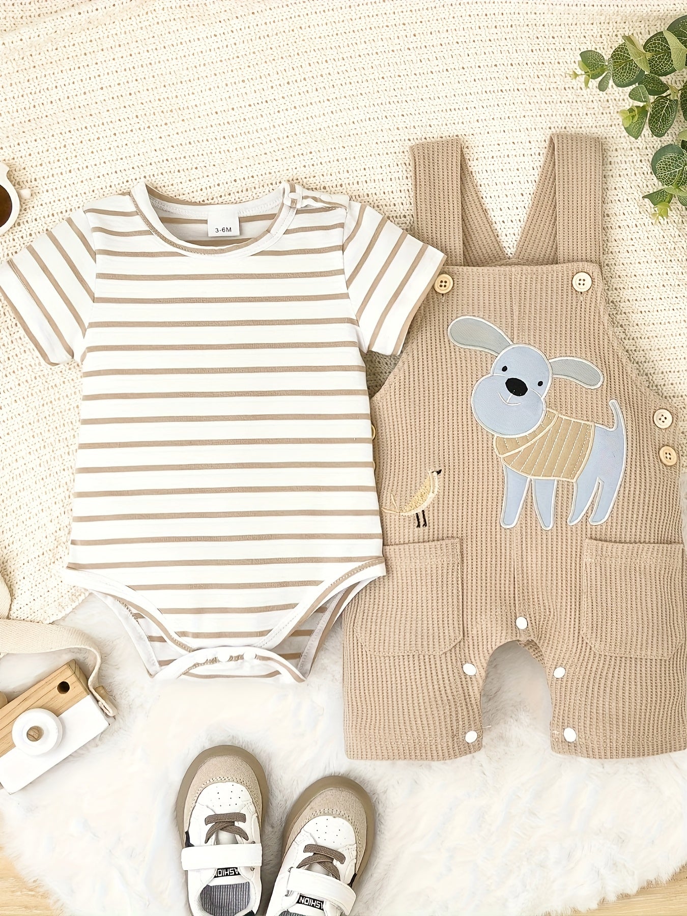 Baby Boy Summer Outfit Striped Romper with Cute Cartoon Dog Overall Pants Set 0-18 Months