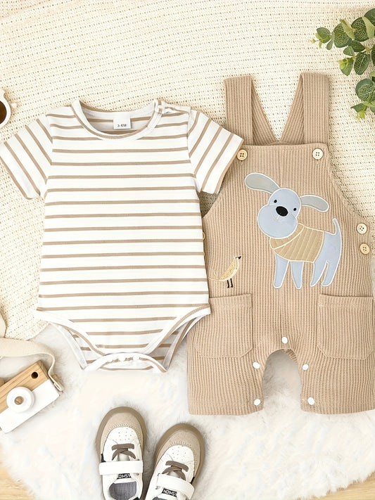 Baby Boy Summer Outfit Striped Romper with Cute Cartoon Dog Overall Pants Set 0-18 Months