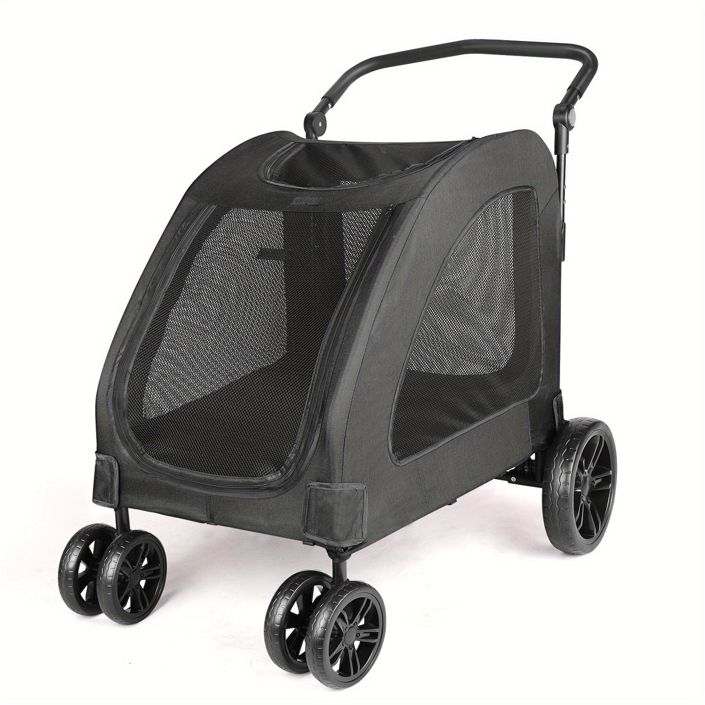 Spacious Pet StrollerRoomy For Pets Up To 120lbs (54kg). 3-sided Mesh For Airflow & Security. 360° Silent Wheels & 3-angle Adjustable Handle For Easy Maneuvering. One-step Fold For Compact Storage.